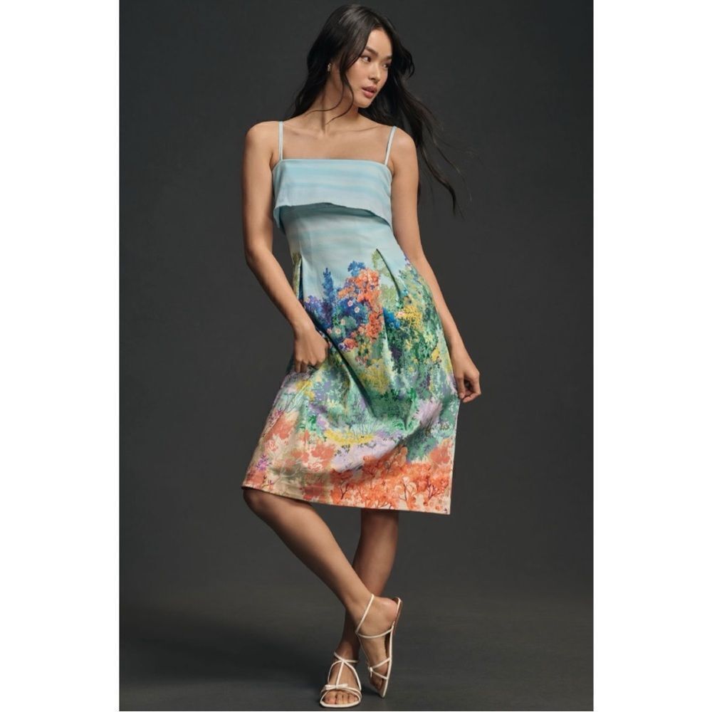 NEW By Anthropologie Sleeveless Floral Art Foldover Knee-Length Dress X-Small